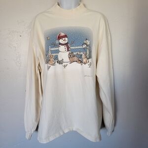 Cotton Deluxe Anvil Vintage Ivory Long Sleeve Shirt Snowman Winter Scene XL